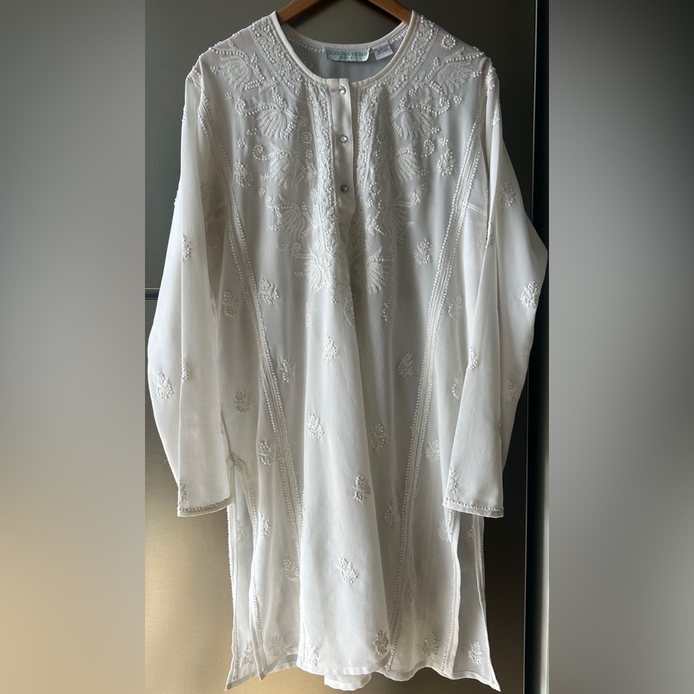 Graham Kandiah White Embroidered Tunic Blouse Beaded Boho Top Large